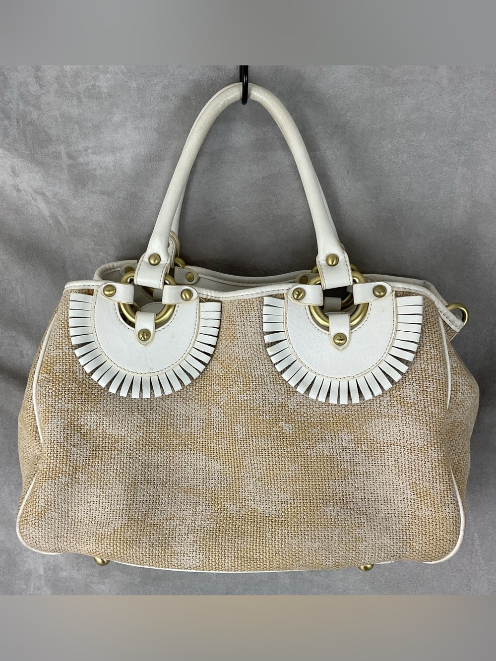 Luana Woven Handbag White Leather Trim Gold Hardware Satchel Shoulder Bag 14.5